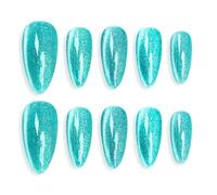 Sun&Beam Nails Handmade Press-on Medium Long Almond Nile Blue Cat Eye Design Charming False Nail Tips 10 Pcs (#119 L)