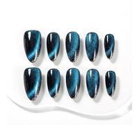 Sun&Beam Nails Handmade Press-on Medium Long Amlond Blue Hand-Painted Glitter 0 Design Fashion False Nail Tips 10 Pcs Set (#012 L)