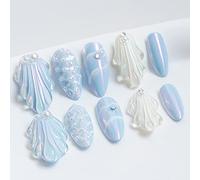 Sun&Beam Nails Handmade Press-on Medium Long Amlond Blue Sweet Pearl Rhinestone Design Fashion False Nail Tips 10 Pcs Set (#028 XS)