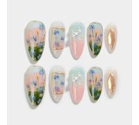 Sun&Beam Nails Handmade Press-on Medium Long Amlond Colorful Green Pink Ombre Hand-Painted Flower Design Fashion False Nail Tips 10 Pcs Set (#017 XS)