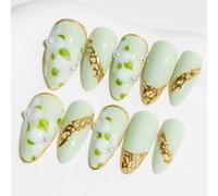 Sun&Beam Nails Handmade Press-on Medium Long Amlond Green Hand-Painted Pearl French Design Fashion False Nail Tips 10 Pcs Set (#078 M)