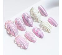 Sun&Beam Nails Handmade Press-on Medium Long Amlond Purple Sweet Pearl Rhinestone Design Fashion False Nail Tips 10 Pcs Set (#029 S)