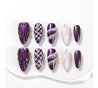 Sun&Beam Nails Handmade Press-on Medium Long Amlond Purple White 3D Rhinestone Sweet Design Fashion False Nail Tips 10 Pcs Set (#019 L)