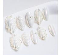 Sun&Beam Nails Handmade Press-on Medium Long Amlond White Sweet Pearl Rhinestone Design Fashion False Nail Tips 10 Pcs Set (#030 S)