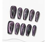 Sun&Beam Nails Handmade Press-on Medium Long Coffin Ballerina Black Purple Green Magnet Solid Color Minimalist Design Fashion False Nail Tips 10 Pcs Set (#255 M)