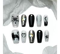 Sun&Beam Nails Handmade Press-on Medium Long Coffin Ballerina Black White Hand-Painted Rhinestone Kitten Design Fashion False Nail Tips 10 Pcs Set (#207 L)