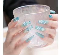 Sun&Beam Nails Handmade Press-on Medium Long Coffin Ballerina Blue 3D Flower Minimalist Design Fashion False Nail Tips 10 Pcs Set (#245 L)