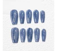 Sun&Beam Nails Handmade Press-on Medium Long Coffin Ballerina Blue Magnet Solid Color Minimalist Design Fashion False Nail Tips 10 Pcs Set (#243 XS)