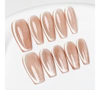 Sun&Beam Nails Handmade Press-on Medium Long Coffin Ballerina Nude Beige Magnet Solid Color glossy Design Fashion False Nail Tips 10 Pcs Set (#086 S)