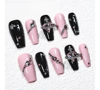 Sun&Beam Nails Handmade Press-on Medium Long Coffin Ballerina Pink Black Y2K Trendy Minimalist Design Fashion False Nail Tips 10 Pcs Set (#244 XS)