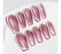 Sun&Beam Nails Handmade Press-on Medium Long Coffin Ballerina Pink Magnet Solid Color glossy Design Fashion False Nail Tips 10 Pcs Set (#089 L)