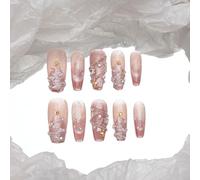 Sun&Beam Nails Handmade Press-on Medium Long Coffin Ballerina Pink White Silver Christmas 3D Sweet Design Fashion False Nail Tips 10 Pcs Set (#196 XS)