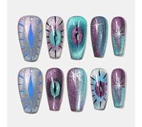 Sun&Beam Nails Handmade Press-on Medium Long Coffin Ballerina Purple Silver Blue Hand-painted Magnet Cool Design Fashionable False Nail Tips 10 Pcs Set (#144 M?