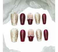 Sun&Beam Nails Handmade Press-on Medium Long Coffin Ballerina Red Green White New Year Pearl Sweet Design Fashion False Nail Tips 10 Pcs Set (#192 S)