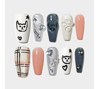 Sun&Beam Nails Handmade Press-on Medium Long Coffin Ballerina White Pink False Nail Tips Hand-Painted Cat Dog Design Fashionable Artificial 10 Pcs Set (#150 M)