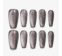 Sun&Beam Nails Handmade Press-On Medium Long Coffin Ballerina with Black Pink Cat Eye Design Charm Cute False Nail Tips 10 Pcs (#106 M)