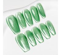 Sun&Beam Nails Handmade Press-On Medium Long Coffin Ballerina with Mint Green Cat Eye Design Charm Cute False Nail Tips 10 Pcs (#88 XS)