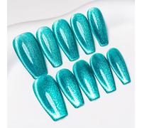Sun&Beam Nails Handmade Press-On Medium Long Coffin Ballerina with Nile Blue Cat Eye Design Charm Cute False Nail Tips 10 Pcs (#84 XS)