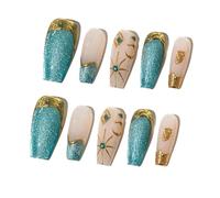 Sun&Beam Nails Handmade Press-On Medium Long Coffin Ballerina with Pink Blue Gold Color 3D Design Charm Cat Eye Cute False Nail Tips 10 Pcs (#82 L)