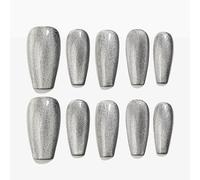 Sun&Beam Nails Handmade Press-On Medium Long Coffin Ballerina with Silvern Black Cat Eye Design Charm Cute False Nail Tips 10 Pcs (#105 L)
