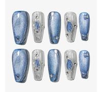 Sun&Beam Nails Handmade Press-on Medium Long Coffin Nails Silver White Blue False Nail Tips Design Baroque Style Fashionable 10 Pcs Set (#154 M)