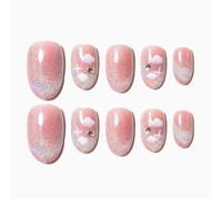 Sun&Beam Nails Handmade Press-on Medium Long Oval Pink White Hand-Painted Sweet glossy Design Fashion False Nail Tips 10 Pcs Set (#140 XS)