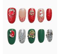 Sun&Beam Nails Handmade Press-on Medium Long Oval Red Green Glitter Christmas 0 Design Fashion False Nail Tips 10 Pcs Set (#142 L)