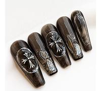 Sun&Beam Nails Handmade Press On Nail Long Coffin Ballerina Black Cross Acrylic Fake Tip 3D Design Art Charms Cute with Storage Box 10 Pcs (#003 M)