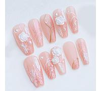 Sun&Beam Nails Handmade Press On Nail Long Coffin Ballerina Pink Flower Acrylic Fake Tip 3D Design Art Charms Cute with Storage Box 10 Pcs (M)