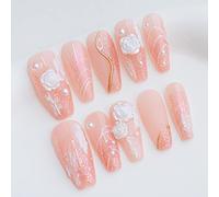 Sun&Beam Nails Handmade Press On Nail Long Coffin Ballerina Pink Flower Acrylic Fake Tip 3D Design Art Charms Cute with Storage Box 10 Pcs (XS)