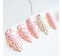 Sun&Beam Nails Handmade Press On Nail Medium Short Almond Oval Pink White Pearl Shell Fake Tip 3D Design Art Charms Cute with Storage Box 10 Pcs (S, Pink)