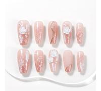 Sun&Beam Nails Handmade Press On Nails Long Coffin Peach Pink Glitter with White Roses and Pearls 10 Pieces for Everyday Wear and Special Occasions (#002 M)