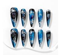 Sun&Beam Nails Handmade Press-On Nails Long Stiletto Blue Black (#070 M)