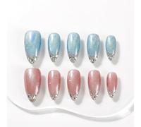 Sun&Beam Nails Handmade Press-On Nails Medium Almond Blue Nude Pink Shimmer Silver Gradient False Nails 10 Pieces (#319 L)