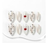 Sun&Beam Nails Handmade Press On Nails Medium Almond Creamy White Cherry Polka Dot Shimmer Finish 10 Pieces Easy At Home Manicure for Everyday Wear and Going Out (#265 L)