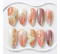 Sun&Beam Nails Handmade Press On Nails Medium Almond Nude Pink Gold Foil Pearl Glossy 10 Pieces for Everyday Wear and Going Out (#308 L)