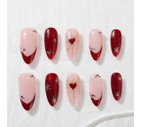 Sun&Beam Nails Handmade Press On Nails Medium Almond Nude Pink Wine Red Heart Design Glossy 10 Pieces for Everyday Wear and Special Occasions (#301 L)