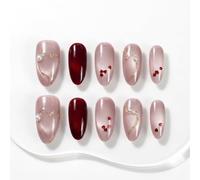 Sun&Beam Nails Handmade Press On Nails Medium Almond Nude Pink Wine Red Heart Pearl Gold Line False Nails 10 Pieces (#317 L)