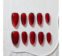 Sun&Beam Nails Handmade Press On Nails Medium Almond Wine Red with Gold Glitter French Tips Shimmer Finish 10 Pieces for Everyday Wear and Special Occasions (#298 L)