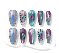 Sun&Beam Nails Handmade Press-On Nails Medium Ballerina Galaxy (#144 M) | Handmade 10-piece set in purple blue and green with subtle shimmer cat-eye details and starburst accents