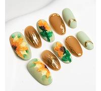 Sun&Beam Nails Handmade Press On Nails Medium Oval Mint Green Caramel Brown Gold Sunflower Floral Design Glossy 10 Pieces for Everyday Wear and Going Out (#022 M)