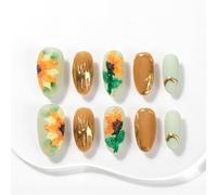 Sun&Beam Nails Handmade Press On Nails Medium Oval Mint Green Caramel Brown Gold Sunflower Floral Design Glossy 10 Pieces for Everyday Wear and Going Out (#022 S)