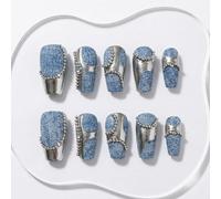 Sun&Beam Nails Handmade Press On Nails Medium Trapezoid Denim Blue Silver Metallic Glossy Finish 10 Pieces for Everyday Wear and Going Out (#303 L)