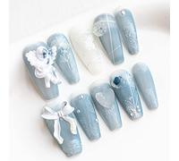 Sun&Beam Nails Handmade Press On Nails Medium Trapezoid Light Blue White 3D Angel Flower Pearl Matte Finish 10 Pieces for Everyday Wear and Special Occasions (#008 XS)