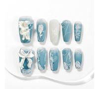 Sun&Beam Nails Handmade Press On Nails Medium Trapezoid Light Blue White 3D Angel Flower Pearl Matte Finish 10 Pieces for Everyday Wear and Special Occasions (#008 S)