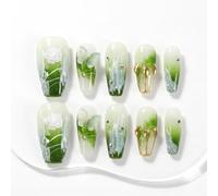 Sun&Beam Nails Handmade Press On Nails Medium Trapezoid Light to Deep Green Gradient Floral Butterfly Gold Crystal Glossy 10 Pieces for Everyday Wear and Special Occasions (#009 M)