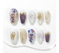 Sun&Beam Nails Handmade Press On Nails Medium Trapezoid Milky White Lavender Gold Floral Glossy 10 Pieces for Everyday Wear and Going Out (#316 L)