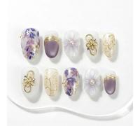 Sun&Beam Nails Handmade Press On Nails Short Round Milky White Lavender Floral Pearl Gold Glossy 10 Pieces for Everyday Wear and Going Out (#315 M)