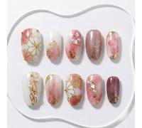 Sun&Beam Nails Handmade Press On Nails Short Round Nude Pink Milky White Marble Gold Foil Glossy 10 Pieces for Everyday Wear and Going Out (#307 L)