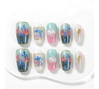 Sun&Beam Nails Handmade Press On Nails Short Square Nude Pink Blue Floral Glossy 10 Pieces Easy At Home Manicure for Everyday Wear (#013 S)